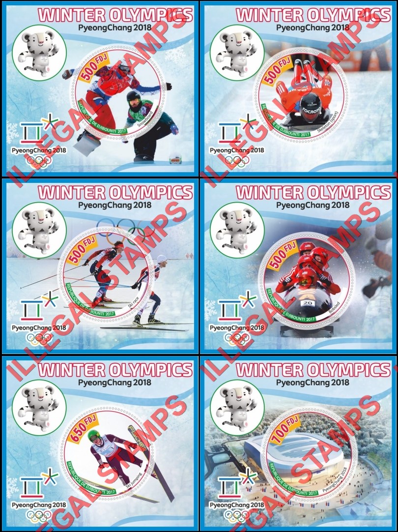 Djibouti 2017 Winter Olympic Games in PyeongChang 2018 (different) Illegal Stamp Souvenir Sheets of 1 Djibouti 2017 Winter Olympic Games in PyeongChang 2018 (different) Illegal Stamp Souvenir Sheets of 1