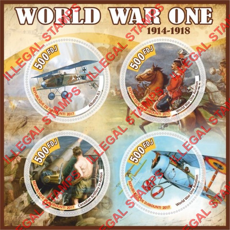 Djibouti 2017 World War I Illegal Stamp Souvenir Sheet of 4 Djibouti 2017 World War I Illegal Stamp Souvenir Sheet of 4
