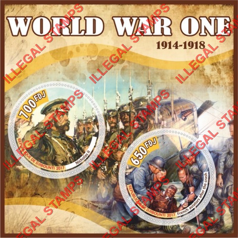 Djibouti 2017 World War I Illegal Stamp Souvenir Sheet of 2 Djibouti 2017 World War I Illegal Stamp Souvenir Sheet of 2