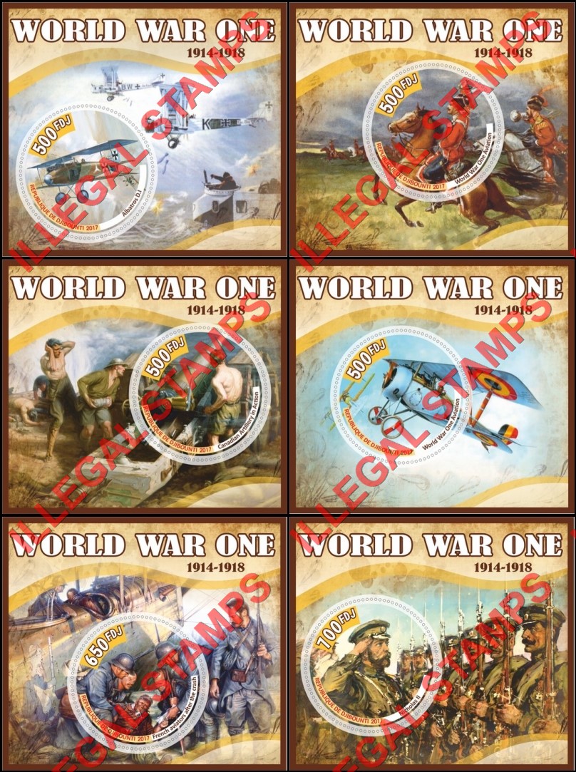 Djibouti 2017 World War I Illegal Stamp Souvenir Sheets of 1 Djibouti 2017 World War I Illegal Stamp Souvenir Sheets of 1