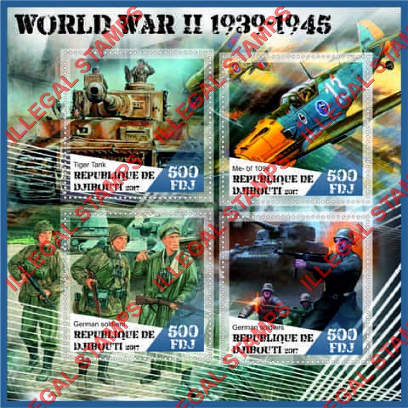 Djibouti 2017 World War II Illegal Stamp Souvenir Sheet of 4 Djibouti 2017 World War II Illegal Stamp Souvenir Sheet of 4
