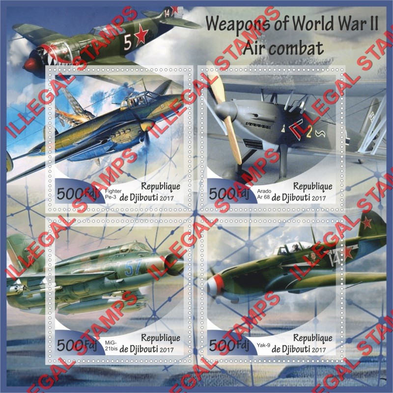Djibouti 2017 World War II Weapons Air Combat Illegal Stamp Souvenir Sheet of 4 Djibouti 2017 World War II Weapons Air Combat Illegal Stamp Souvenir Sheet of 4