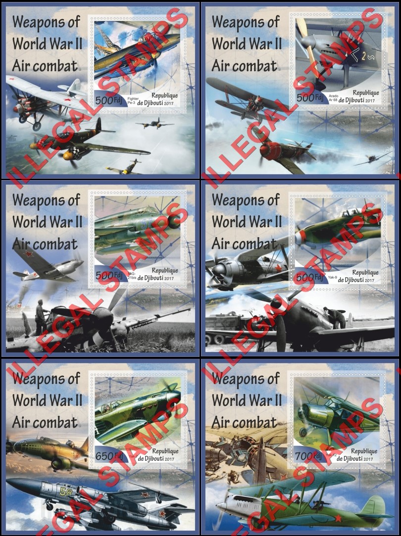 Djibouti 2017 World War II Weapons Air Combat Illegal Stamp Souvenir Sheets of 1 Djibouti 2017 World War II Weapons Air Combat Illegal Stamp Souvenir Sheets of 1