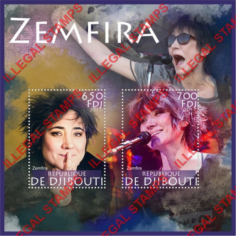 Djibouti 2017 Zemfira Illegal Stamp Souvenir Sheet of 2 Djibouti 2017 Zemfira Illegal Stamp Souvenir Sheet of 2