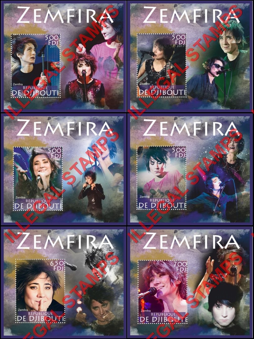 Djibouti 2017 Zemfira Illegal Stamp Souvenir Sheets of 1 Djibouti 2017 Zemfira Illegal Stamp Souvenir Sheets of 1