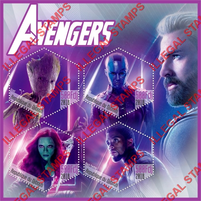 Djibouti 2018 Avengers Illegal Stamp Souvenir Sheet of 4 Djibouti 2018 Avengers Illegal Stamp Souvenir Sheet of 4