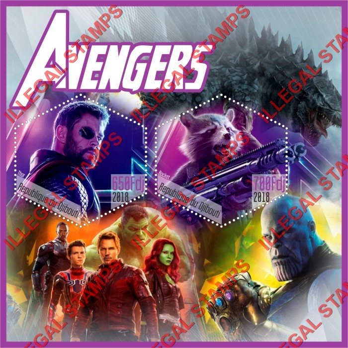 Djibouti 2018 Avengers Illegal Stamp Souvenir Sheet of 2 Djibouti 2018 Avengers Illegal Stamp Souvenir Sheet of 2
