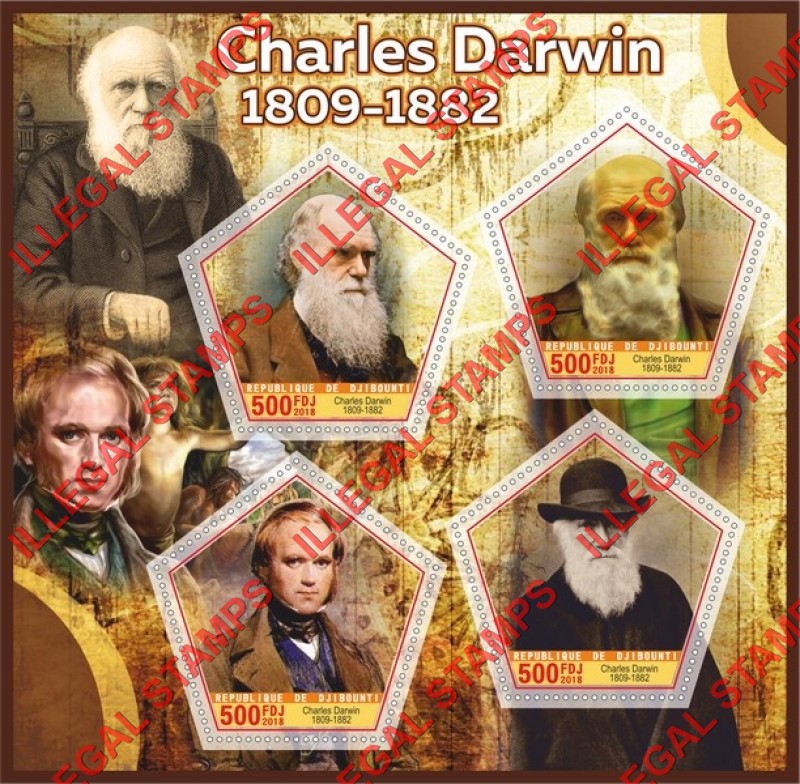 Djibouti 2018 Charles Darwin Illegal Stamp Souvenir Sheet of 4 Djibouti 2018 Charles Darwin Illegal Stamp Souvenir Sheet of 4