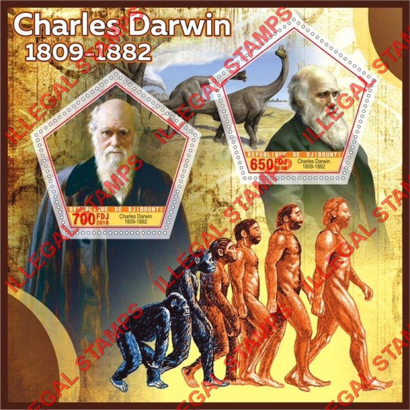 Djibouti 2018 Charles Darwin Illegal Stamp Souvenir Sheet of 2 Djibouti 2018 Charles Darwin Illegal Stamp Souvenir Sheet of 2
