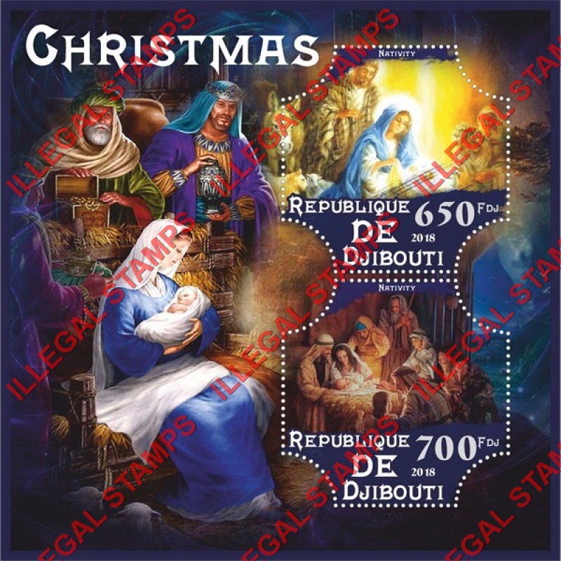 Djibouti 2018 Christmas Nativity Illegal Stamp Souvenir Sheet of 2 Djibouti 2018 Christmas Nativity Illegal Stamp Souvenir Sheet of 2