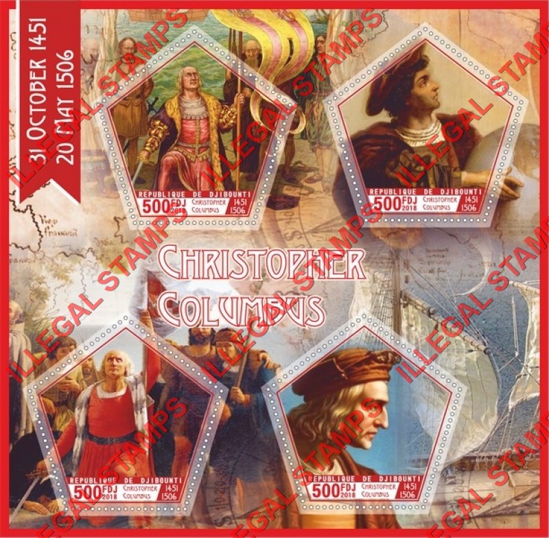 Djibouti 2018 Christopher Columbus Illegal Stamp Souvenir Sheet of 4 Djibouti 2018 Christopher Columbus Illegal Stamp Souvenir Sheet of 4