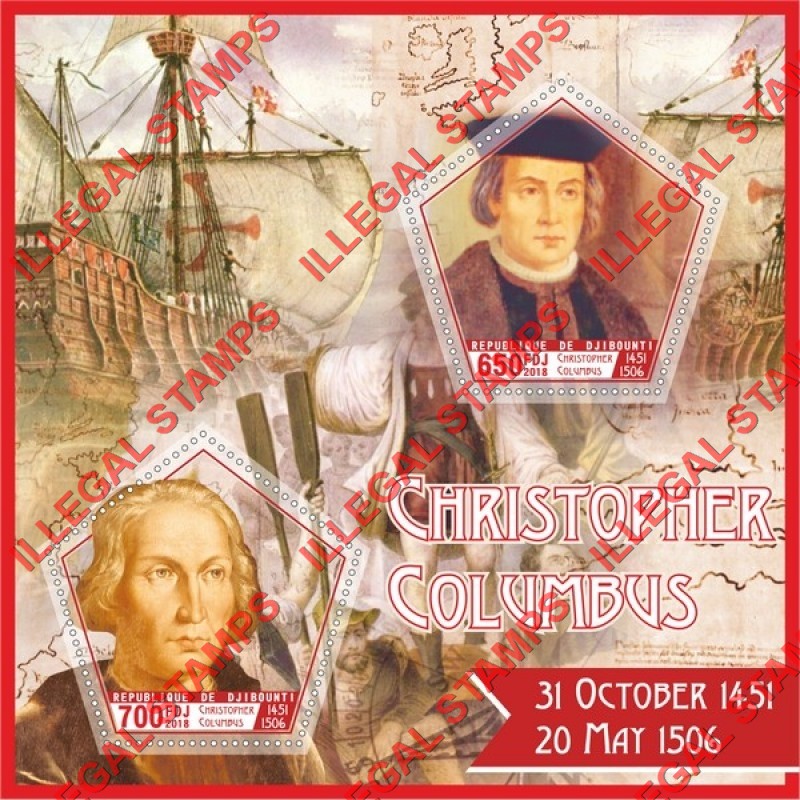Djibouti 2018 Christopher Columbus Illegal Stamp Souvenir Sheet of 2 Djibouti 2018 Christopher Columbus Illegal Stamp Souvenir Sheet of 2
