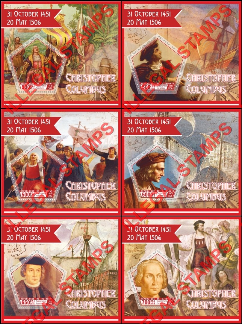 Djibouti 2018 Christopher Columbus Illegal Stamp Souvenir Sheets of 1 Djibouti 2018 Christopher Columbus Illegal Stamp Souvenir Sheets of 1