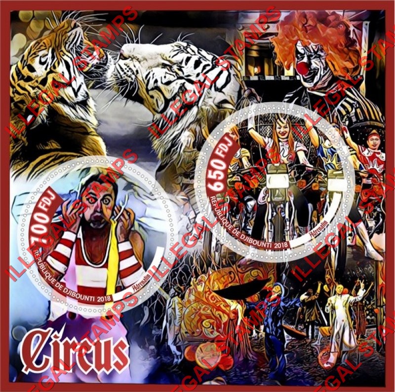 Djibouti 2018 Circus Adrenalin Illegal Stamp Souvenir Sheet of 2 Djibouti 2018 Circus Adrenalin Illegal Stamp Souvenir Sheet of 2