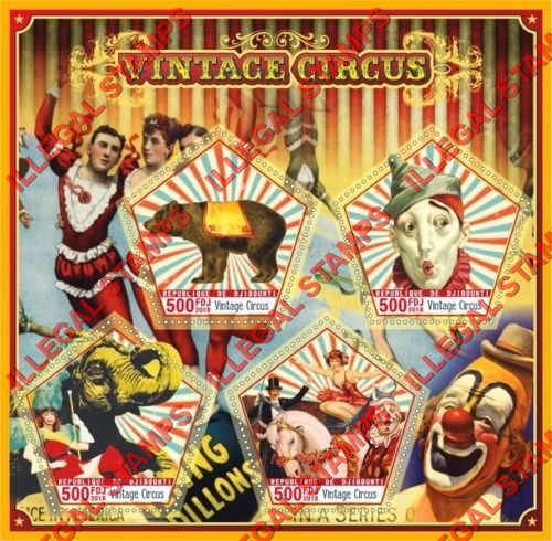 Djibouti 2018 Vintage Circus Illegal Stamp Souvenir Sheet of 4 Djibouti 2018 Vintage Circus Illegal Stamp Souvenir Sheet of 4