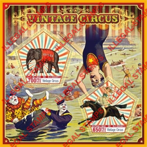Djibouti 2018 Vintage Circus Illegal Stamp Souvenir Sheet of 2 Djibouti 2018 Vintage Circus Illegal Stamp Souvenir Sheet of 2