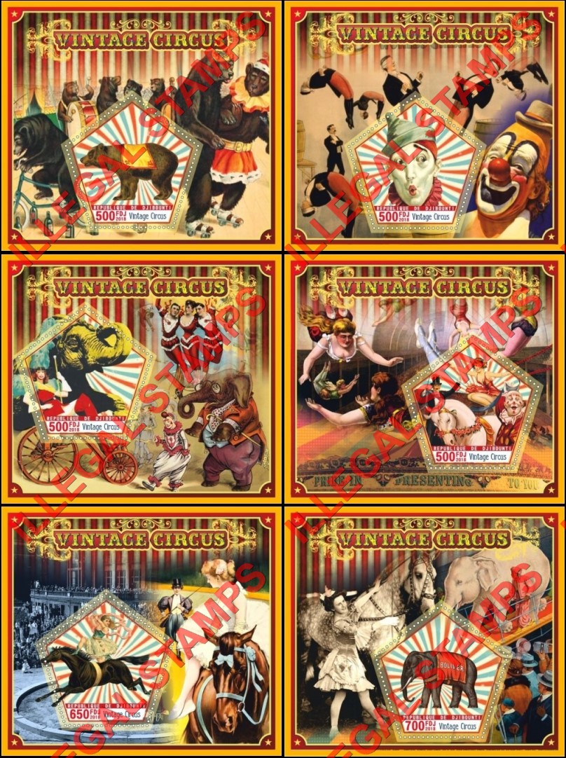 Djibouti 2018 Vintage Circus Illegal Stamp Souvenir Sheets of 1 Djibouti 2018 Vintage Circus Illegal Stamp Souvenir Sheets of 1
