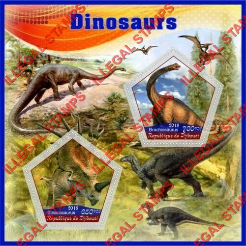 Djibouti 2018 Dinosaurs Illegal Stamp Souvenir Sheet of 2 Djibouti 2018 Dinosaurs Illegal Stamp Souvenir Sheet of 2