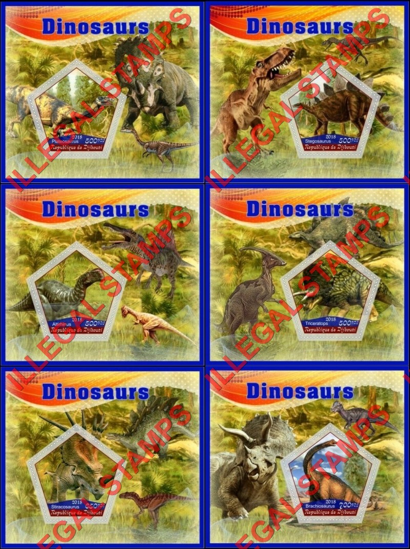 Djibouti 2018 Dinosaurs Illegal Stamp Souvenir Sheets of 1 Djibouti 2018 Dinosaurs Illegal Stamp Souvenir Sheets of 1
