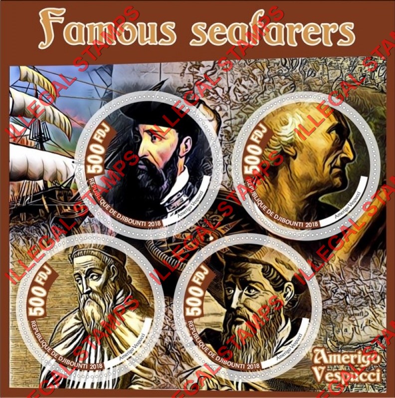 Djibouti 2018 Famous Seafarers Amerigo Vespucci Illegal Stamp Souvenir Sheet of 4 Djibouti 2018 Famous Seafarers Amerigo Vespucci Illegal Stamp Souvenir Sheet of 4
