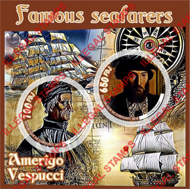 Djibouti 2018 Famous Seafarers Amerigo Vespucci Illegal Stamp Souvenir Sheet of 2 Djibouti 2018 Famous Seafarers Amerigo Vespucci Illegal Stamp Souvenir Sheet of 2