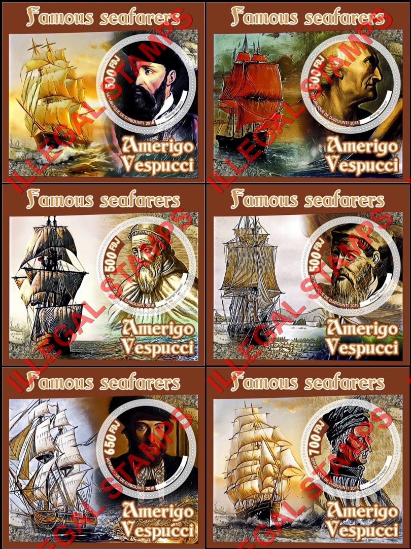 Djibouti 2018 Famous Seafarers Amerigo Vespucci Illegal Stamp Souvenir Sheets of 1 Djibouti 2018 Famous Seafarers Amerigo Vespucci Illegal Stamp Souvenir Sheets of 1