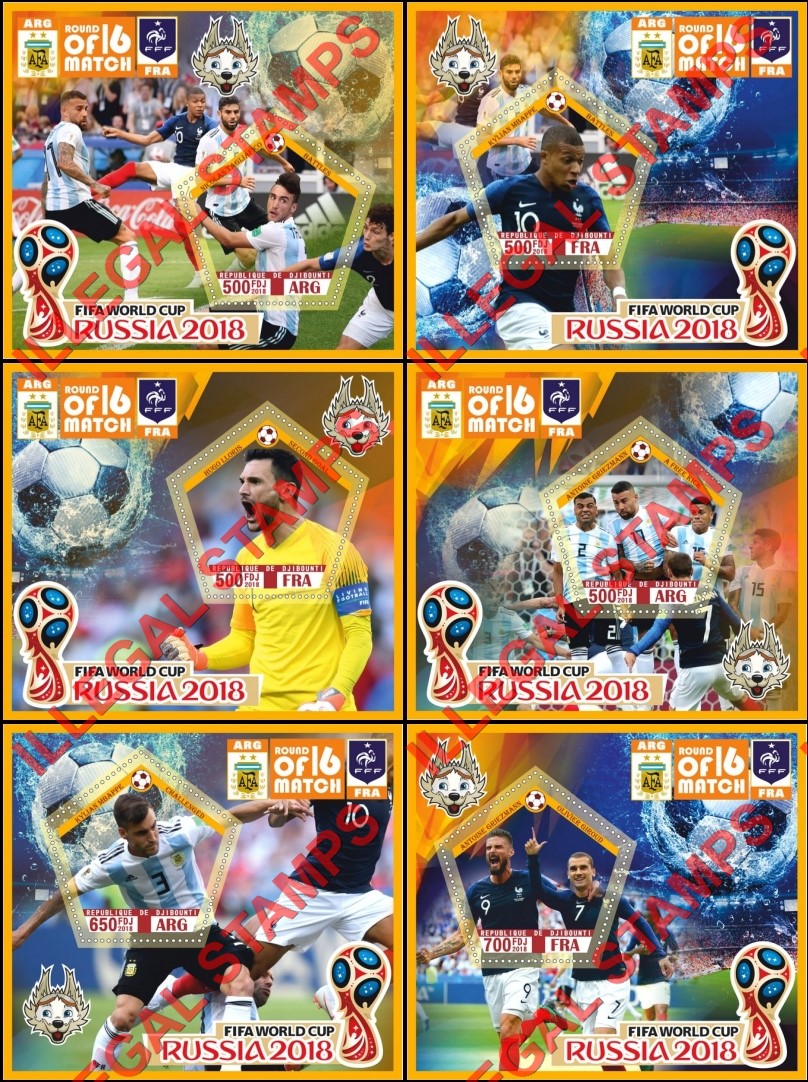 Djibouti 2018 FIFA World Cup Soccer (different) Illegal Stamp Souvenir Sheets of 1 Djibouti 2018 FIFA World Cup Soccer (different) Illegal Stamp Souvenir Sheets of 1