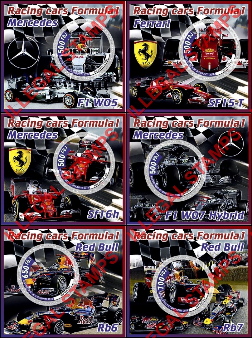 Djibouti 2018 Formula I Racing Cars Illegal Stamp Souvenir Sheets of 1 Djibouti 2018 Formula I Racing Cars Illegal Stamp Souvenir Sheets of 1