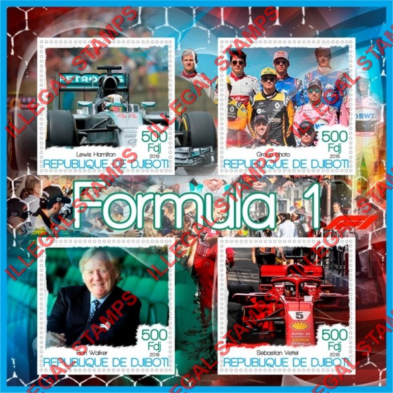 Djibouti 2018 Formula I Illegal Stamp Souvenir Sheet of 4 Djibouti 2018 Formula I Illegal Stamp Souvenir Sheet of 4