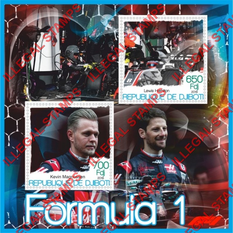Djibouti 2018 Formula I Illegal Stamp Souvenir Sheet of 2 Djibouti 2018 Formula I Illegal Stamp Souvenir Sheet of 2