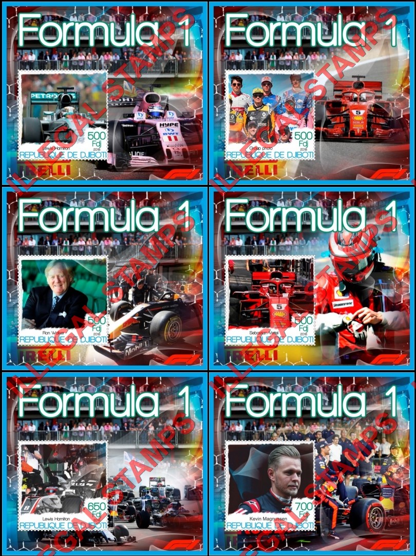 Djibouti 2018 Formula I Illegal Stamp Souvenir Sheets of 1 Djibouti 2018 Formula I Illegal Stamp Souvenir Sheets of 1