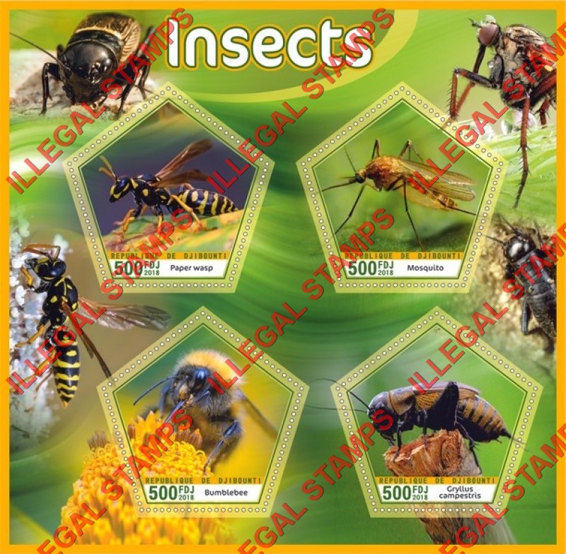 Djibouti 2018 Insects Illegal Stamp Souvenir Sheet of 4 Djibouti 2018 Insects Illegal Stamp Souvenir Sheet of 4