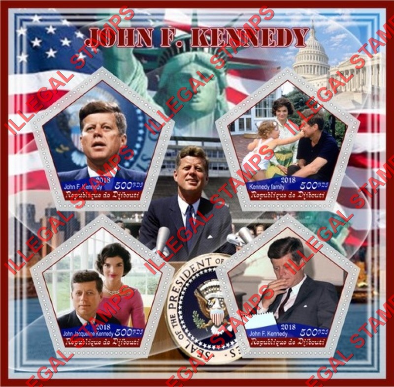 Djibouti 2018 John F. Kennedy (different a) Illegal Stamp Souvenir Sheet of 4 Djibouti 2018 John F. Kennedy (different a) Illegal Stamp Souvenir Sheet of 4