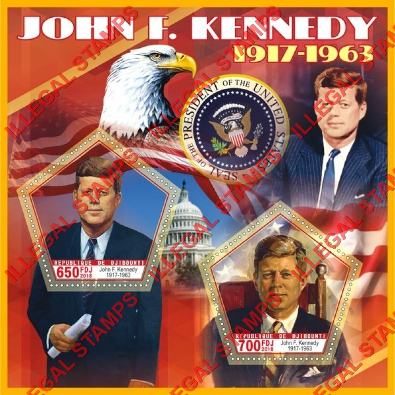 Djibouti 2018 John F. Kennedy (different) Illegal Stamp Souvenir Sheet of 2 Djibouti 2018 John F. Kennedy (different) Illegal Stamp Souvenir Sheet of 2