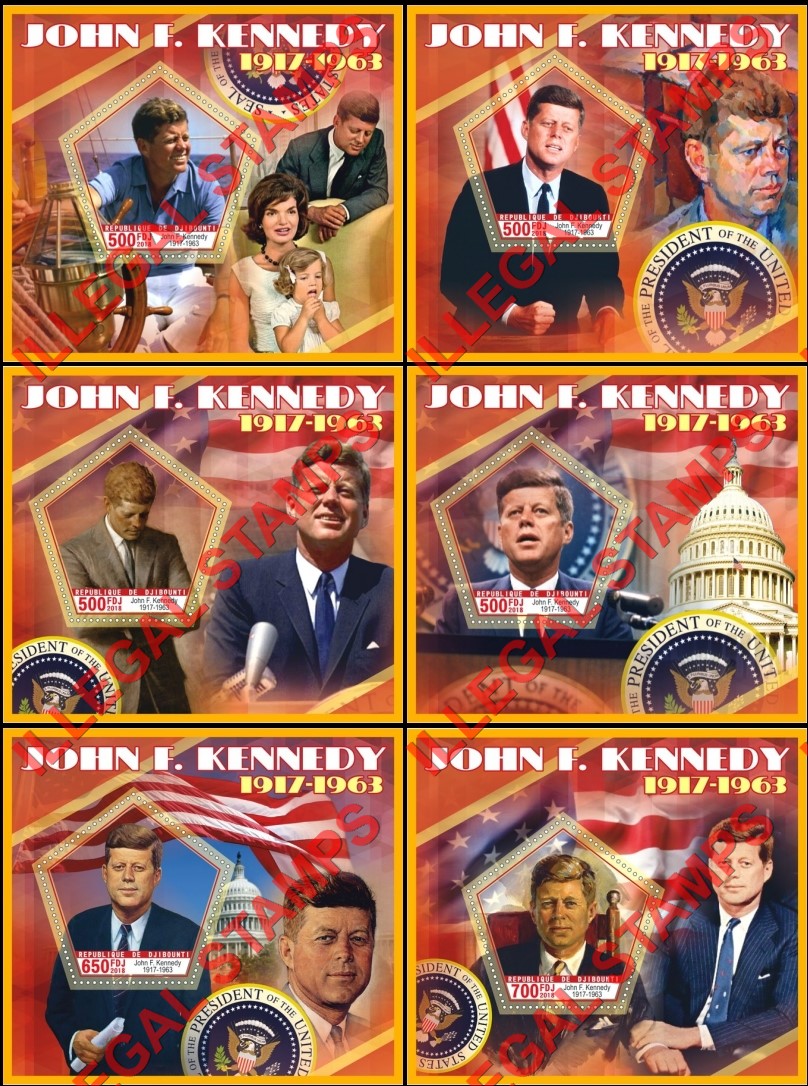 Djibouti 2018 John F. Kennedy (different) Illegal Stamp Souvenir Sheets of 1 Djibouti 2018 John F. Kennedy (different) Illegal Stamp Souvenir Sheets of 1