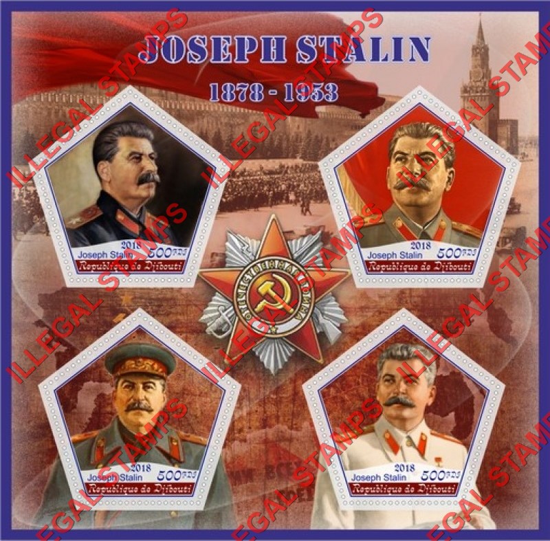 Djibouti 2018 Joseph Stalin (different) Illegal Stamp Souvenir Sheet of 4 Djibouti 2018 Joseph Stalin (different) Illegal Stamp Souvenir Sheet of 4