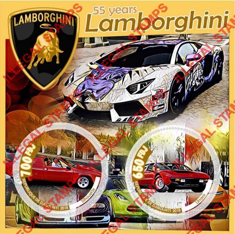 Djibouti 2018 Lamborghini Illegal Stamp Souvenir Sheet of 2 Djibouti 2018 Lamborghini Illegal Stamp Souvenir Sheet of 2