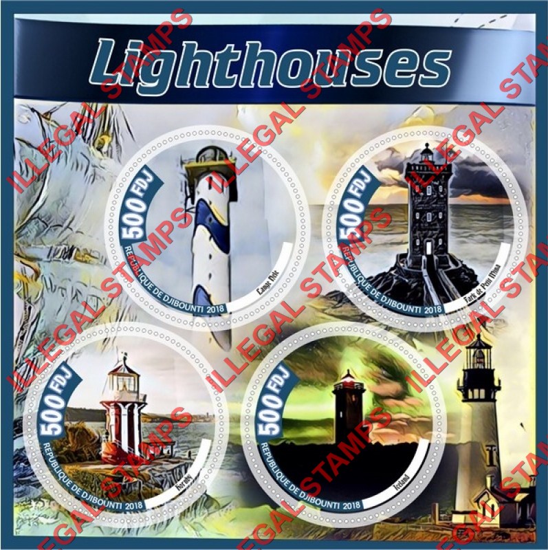 Djibouti 2018 Lighthouses (different a) Illegal Stamp Souvenir Sheet of 4 Djibouti 2018 Lighthouses (different a) Illegal Stamp Souvenir Sheet of 4
