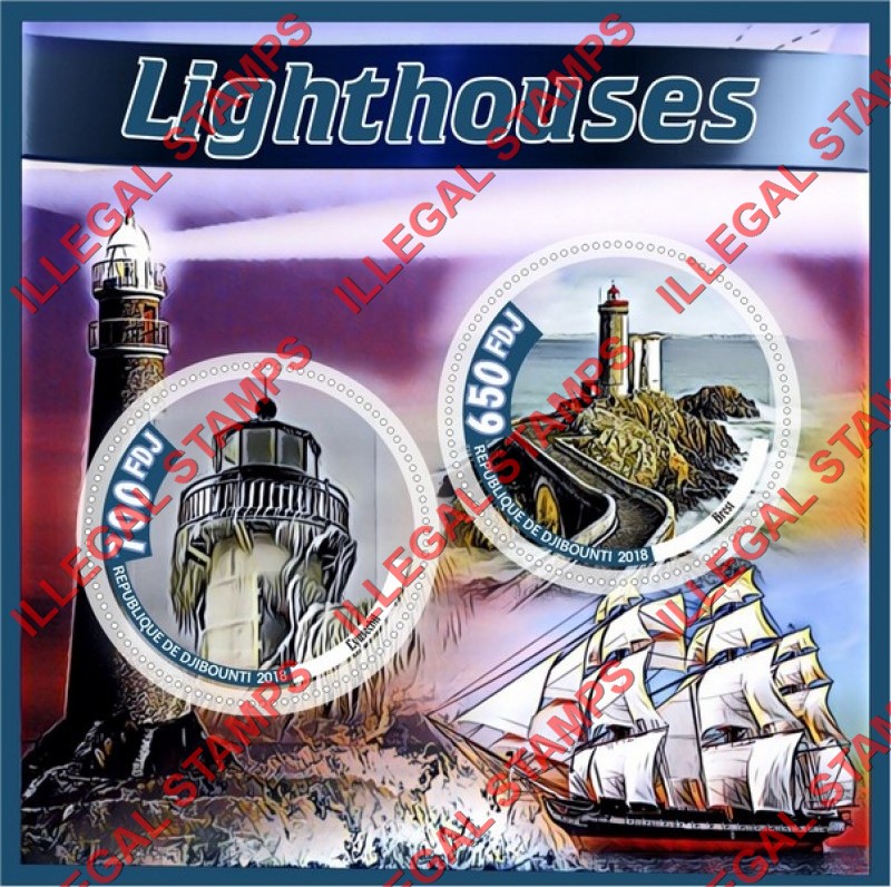 Djibouti 2018 Lighthouses (different a) Illegal Stamp Souvenir Sheet of 2 Djibouti 2018 Lighthouses (different a) Illegal Stamp Souvenir Sheet of 2