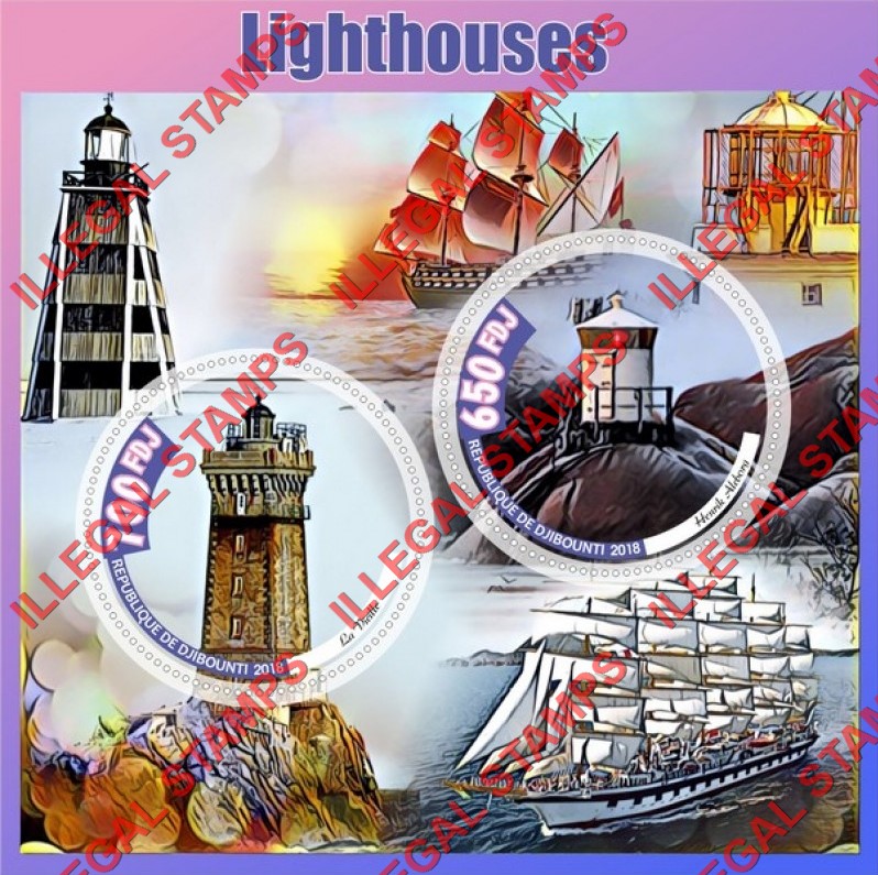 Djibouti 2018 Lighthouses (different b) Illegal Stamp Souvenir Sheet of 2 Djibouti 2018 Lighthouses (different b) Illegal Stamp Souvenir Sheet of 2