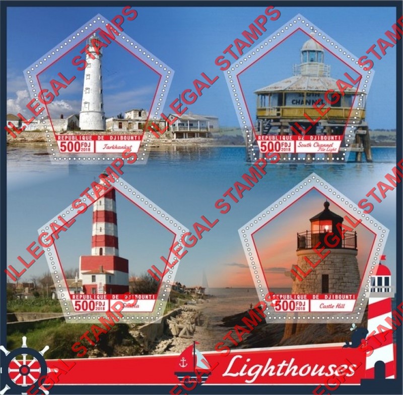 Djibouti 2018 Lighthouses (different) Illegal Stamp Souvenir Sheet of 4 Djibouti 2018 Lighthouses (different) Illegal Stamp Souvenir Sheet of 4