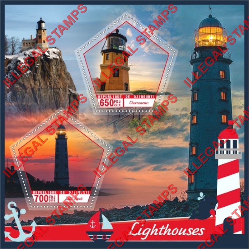Djibouti 2018 Lighthouses (different) Illegal Stamp Souvenir Sheet of 2 Djibouti 2018 Lighthouses (different) Illegal Stamp Souvenir Sheet of 2