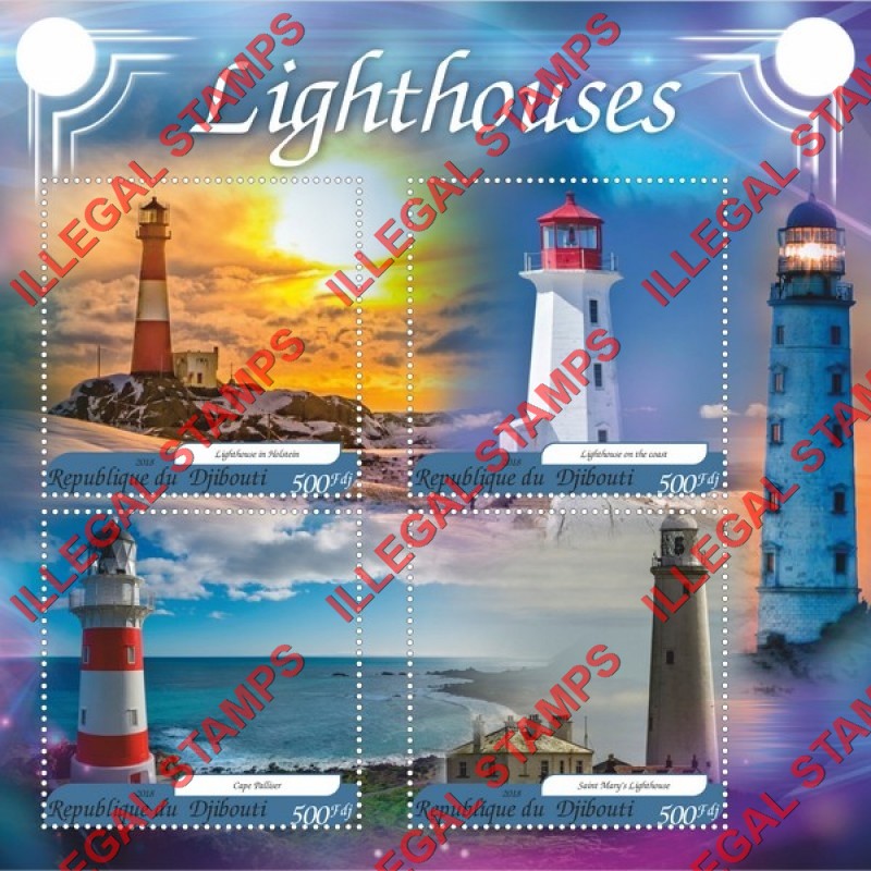 Djibouti 2018 Lighthouses Illegal Stamp Souvenir Sheet of 4 Djibouti 2018 Lighthouses Illegal Stamp Souvenir Sheet of 4