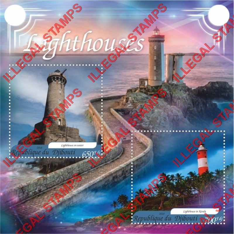 Djibouti 2018 Lighthouses Illegal Stamp Souvenir Sheet of 2 Djibouti 2018 Lighthouses Illegal Stamp Souvenir Sheet of 2