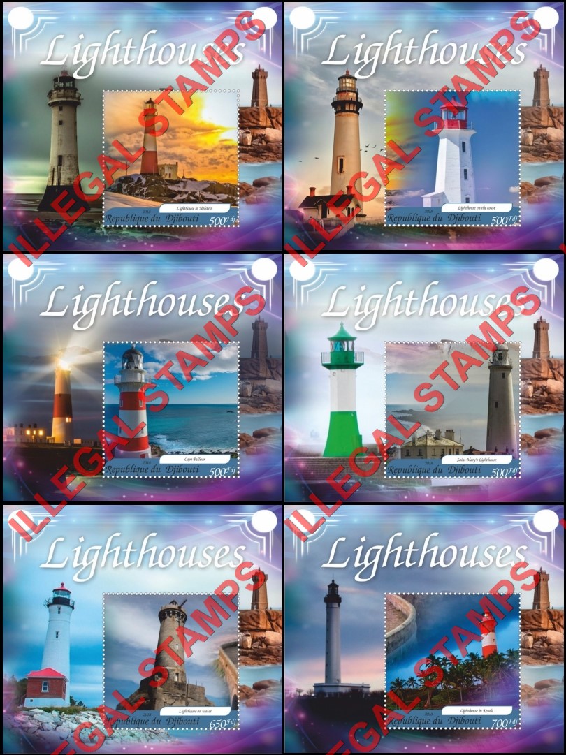 Djibouti 2018 Lighthouses Illegal Stamp Souvenir Sheets of 1 Djibouti 2018 Lighthouses Illegal Stamp Souvenir Sheets of 1