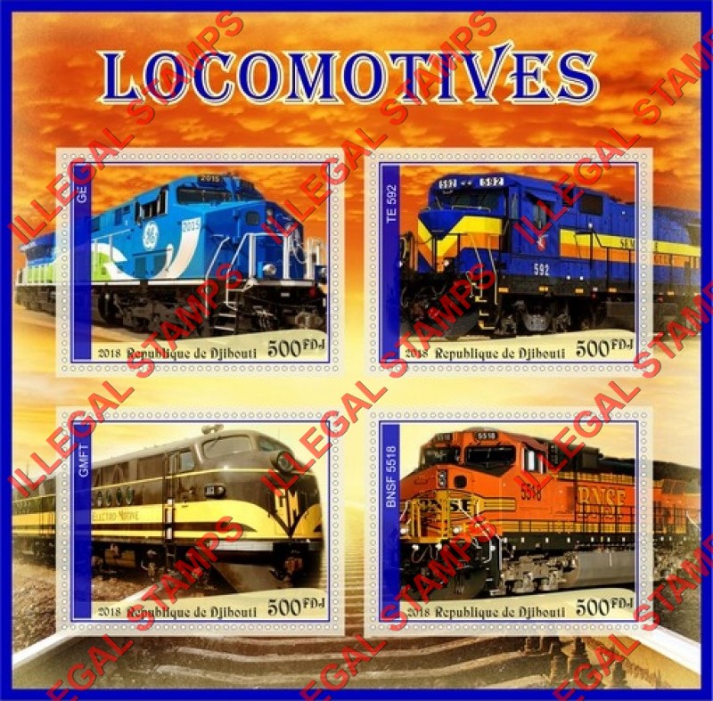 Djibouti 2018 Locomotives (different a) Illegal Stamp Souvenir Sheet of 4 Djibouti 2018 Locomotives (different a) Illegal Stamp Souvenir Sheet of 4