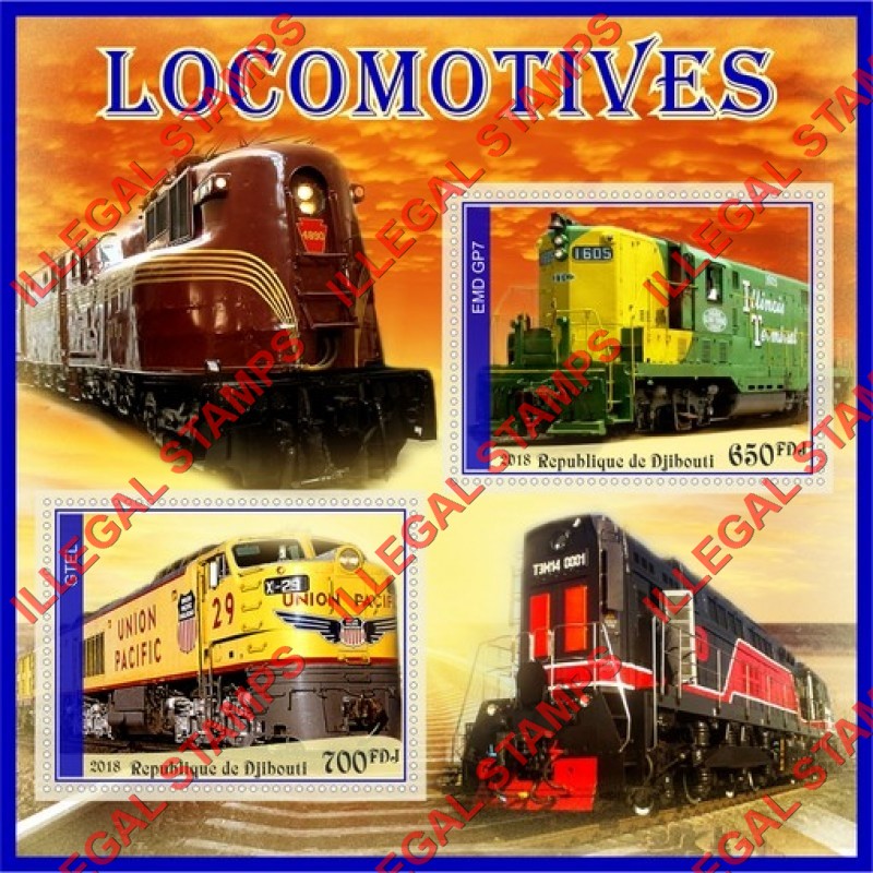 Djibouti 2018 Locomotives (different a) Illegal Stamp Souvenir Sheet of 2 Djibouti 2018 Locomotives (different a) Illegal Stamp Souvenir Sheet of 2