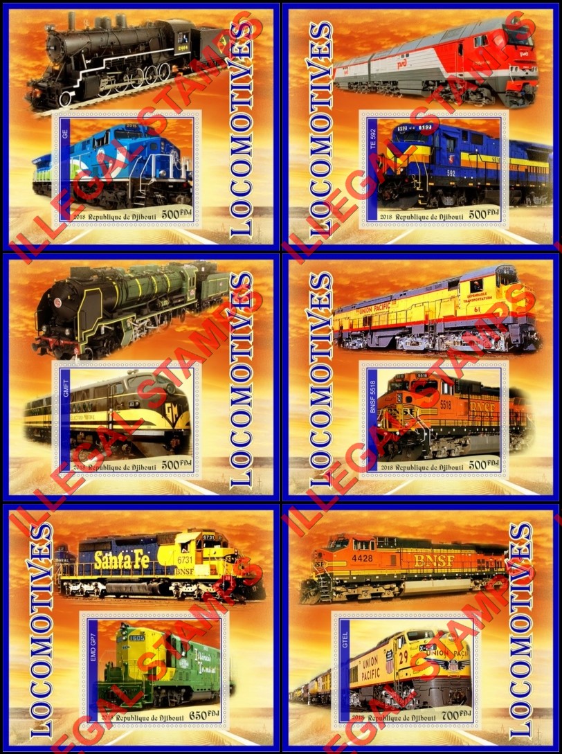 Djibouti 2018 Locomotives (different a) Illegal Stamp Souvenir Sheets of 1 Djibouti 2018 Locomotives (different a) Illegal Stamp Souvenir Sheets of 1