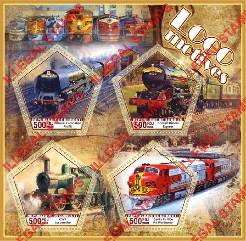 Djibouti 2018 Locomotives (different) Illegal Stamp Souvenir Sheet of 4 Djibouti 2018 Locomotives (different) Illegal Stamp Souvenir Sheet of 4