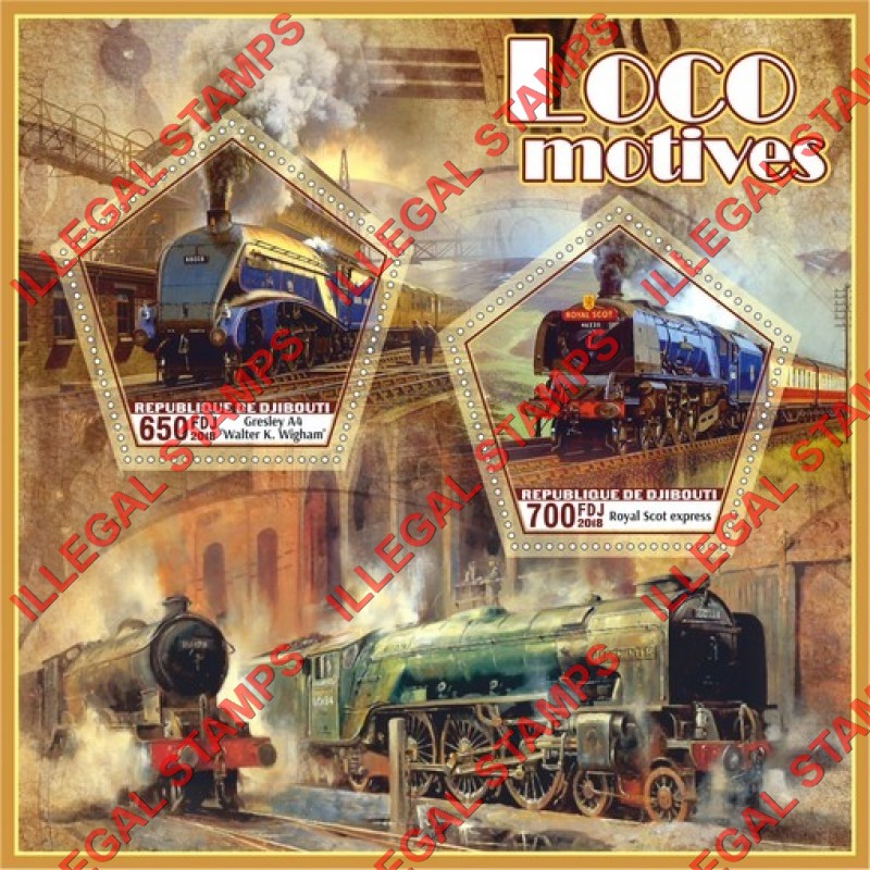 Djibouti 2018 Locomotives (different) Illegal Stamp Souvenir Sheet of 2 Djibouti 2018 Locomotives (different) Illegal Stamp Souvenir Sheet of 2